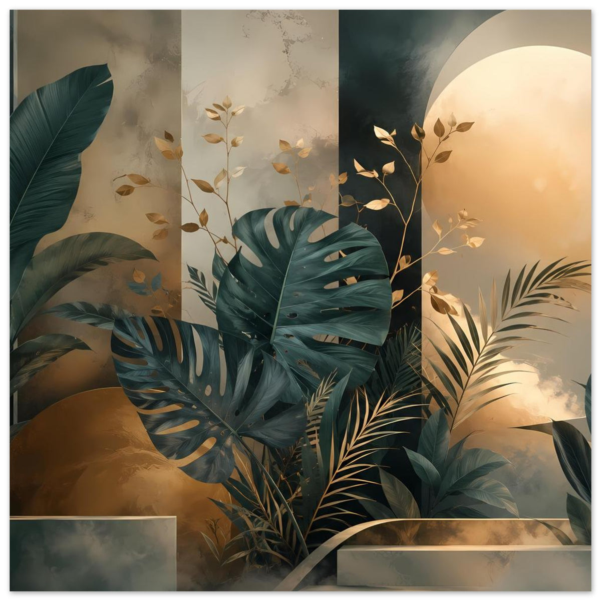 Tropisches Poster mit Monstera im Zentrum, Palmblättern und goldfarbenen Blüten im Motiv