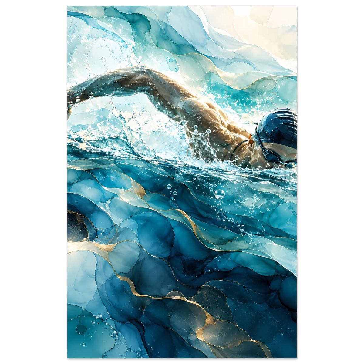 Stehendes Poster: Schwimmer unter Wasser mit blauer Brille, schäumende Blasen und Wellen