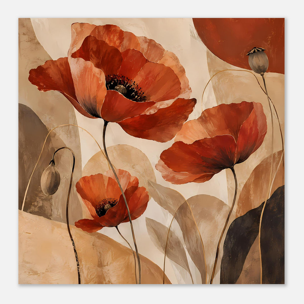 Breites Poster mit roten Mohnblüten und abstrakten Stielen auf mattem Papier.