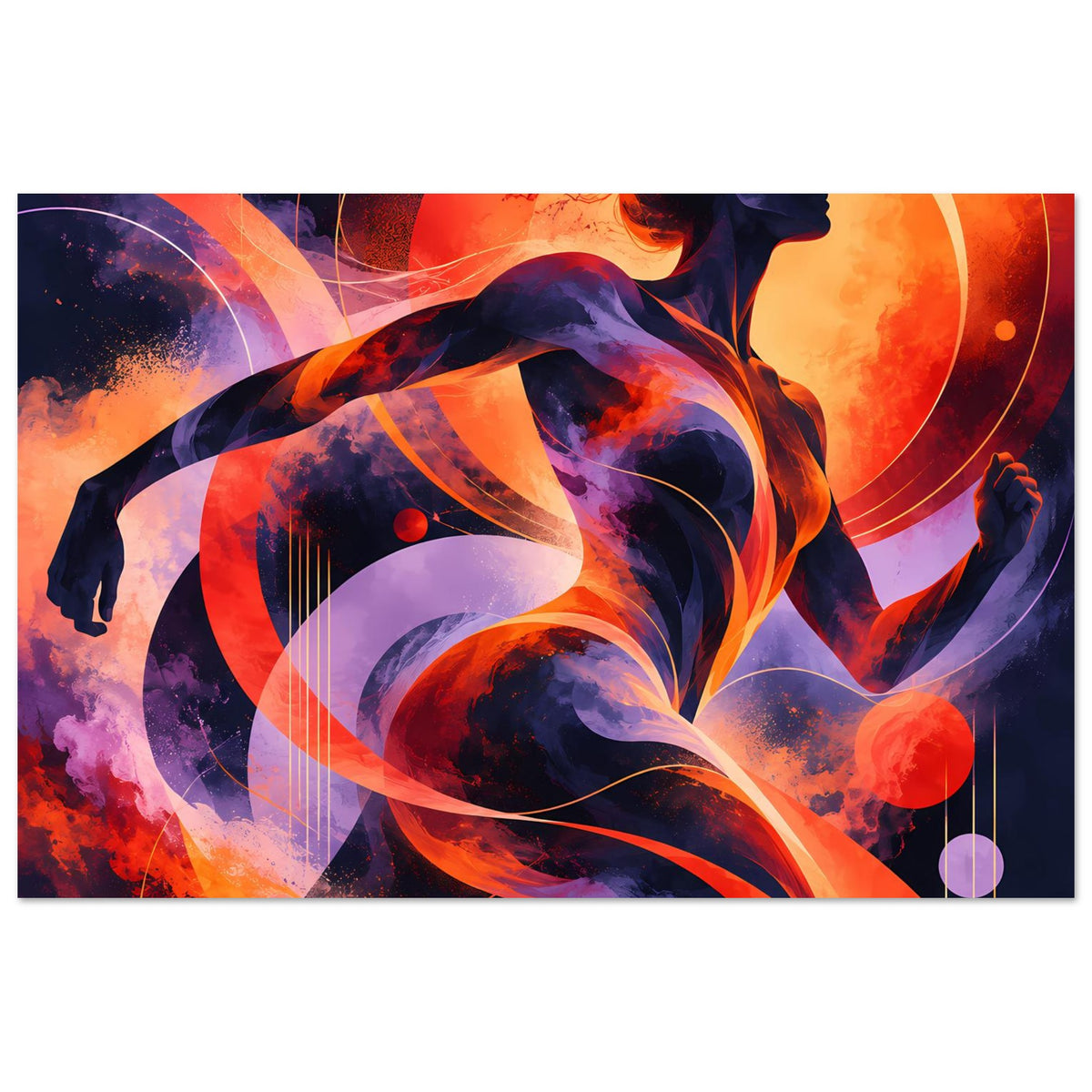 Horizontales Premium-Poster mit Feuer-Comicfrau, Farbschwünge aus Lila, Rot und Dunkelblau.