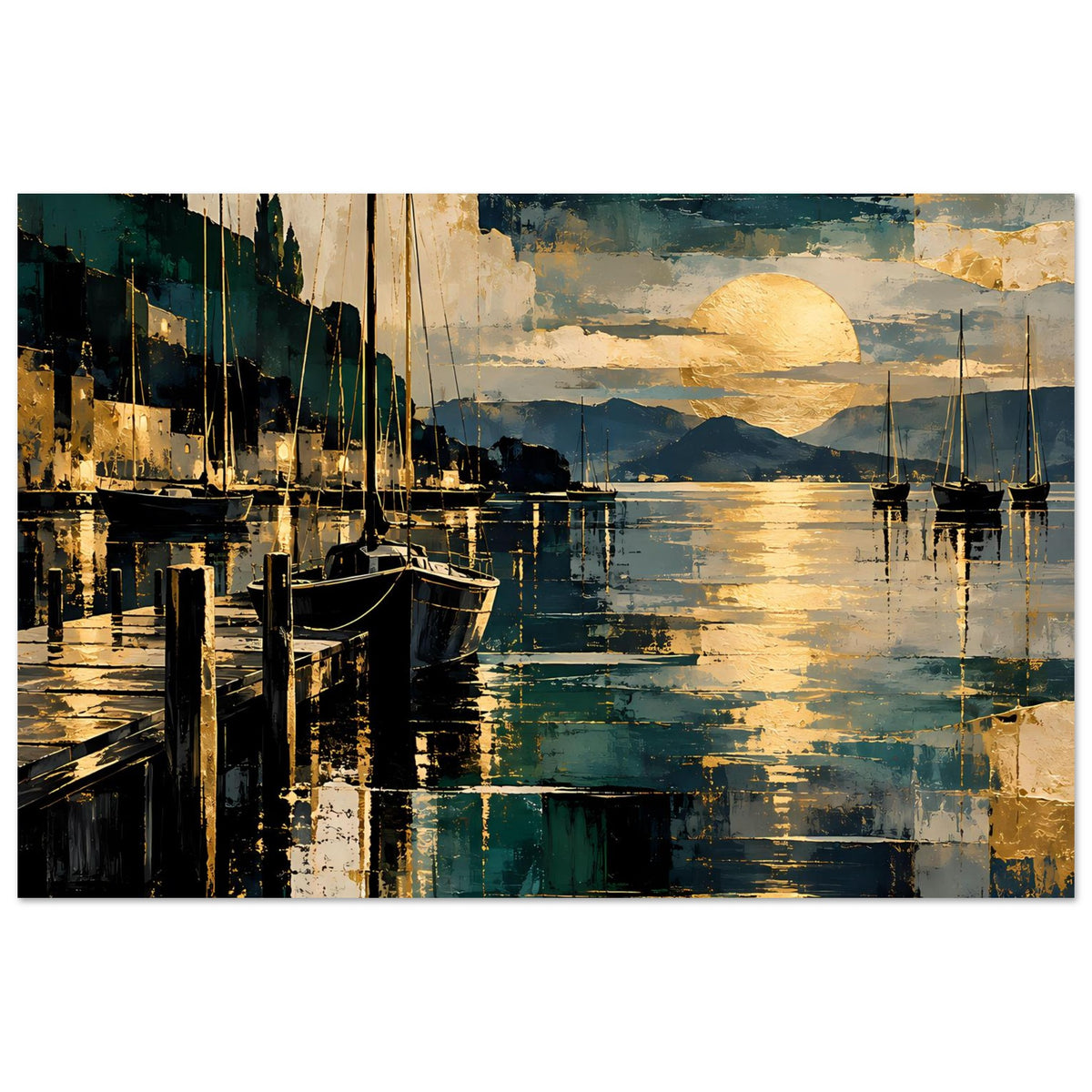 Maritimes Poster mit Segelbooten im Hafen, goldene Sonnenrunde über dem Wasser (Querformat)