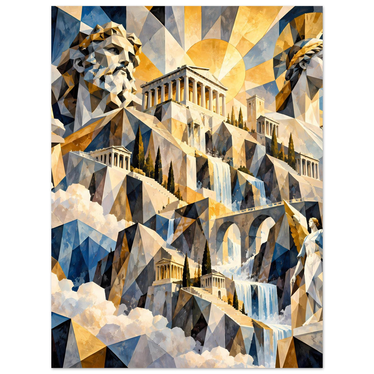 Poster mit polygonalem Antikmotiv: Tempel, Löwenstatue, Wasserfall; Blau und warme Goldtöne