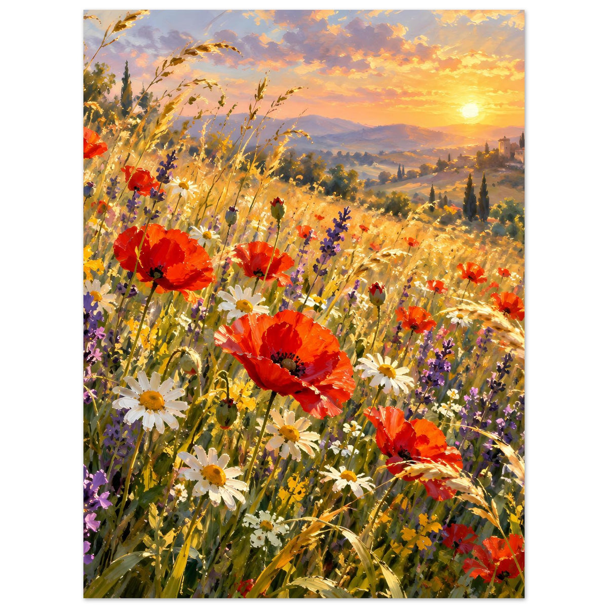 Hochformatiges Poster mit Wildblumen, roten Mohn- und weißen Margeritenblüten bei Abendsonne