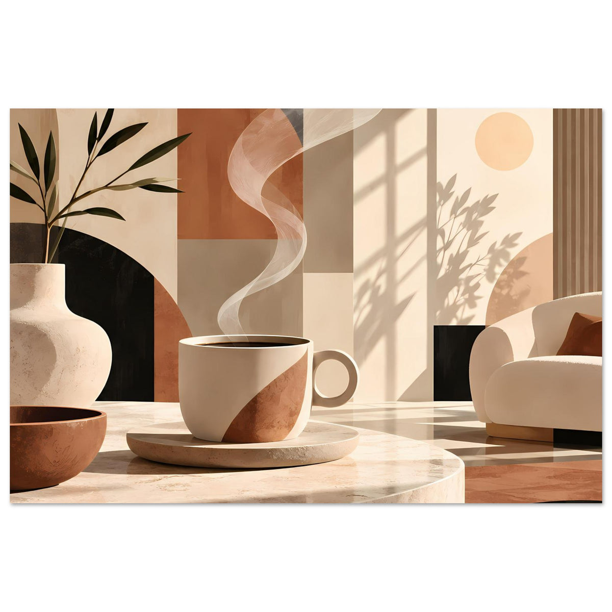 Poster mit warmen Abstraktionen: Tasse auf Tablett, Blättervase, Marmortisch und ruhige Flächen