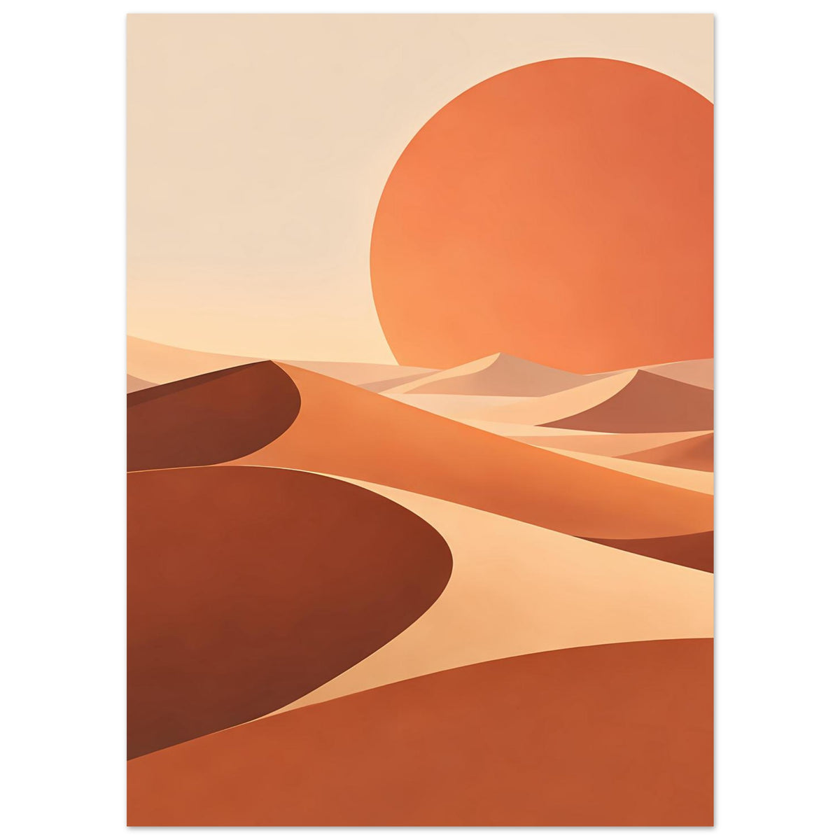 Abstraktes Wandposter im Hochformat mit großer orangefarbener Sonne und Ocker-Texturen