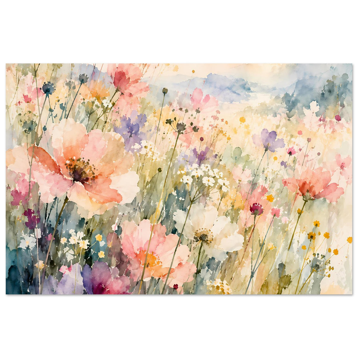 Aquarell-Poster mit Pastell-Wildblumen, horizontale Komposition mit Blüten und Gräsern