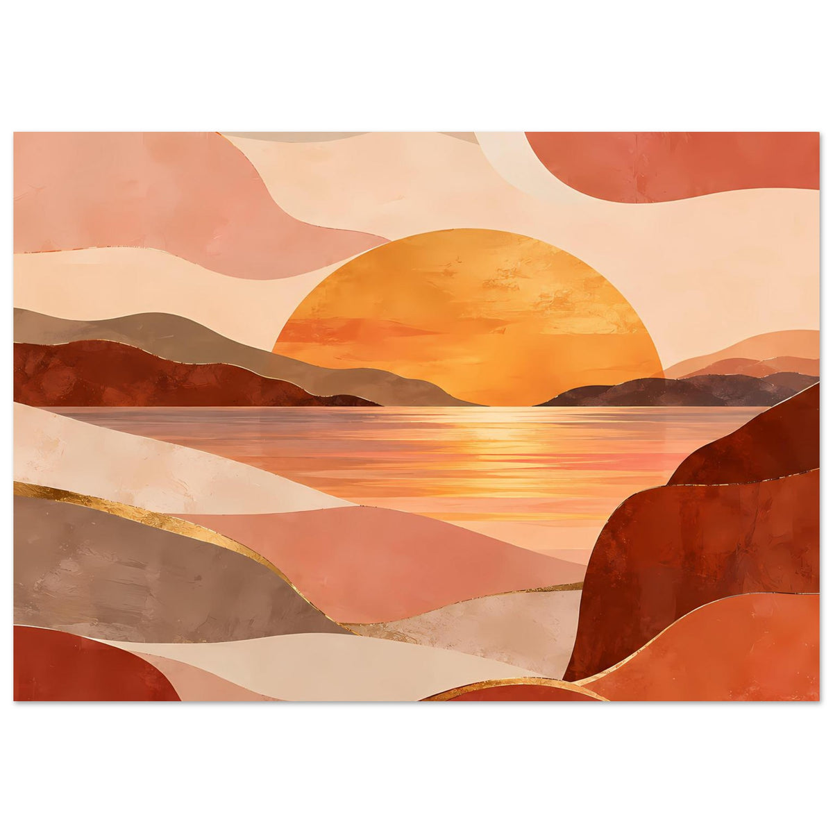 Poster im Detailausschnitt: große Sonne, reflektierendes Wasser und braune Felsformen