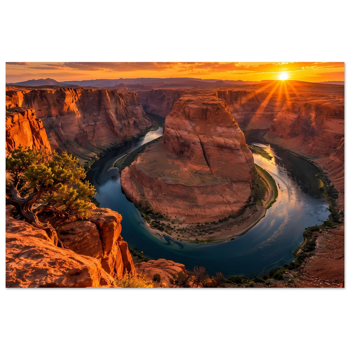 Horizontaler Poster: Blick in den Canyon mit Flussschleife und orangefarbenem Abendhimmel