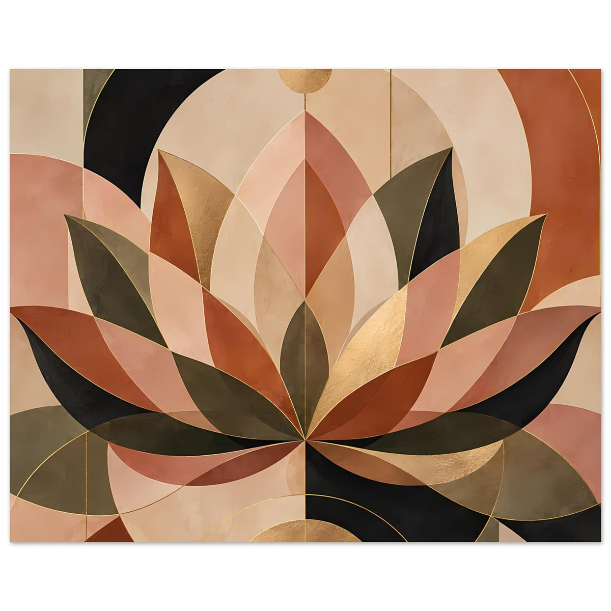 Geometrisches Lotusposter mit Lotusblättern in warmen Farben und goldenen Linien, breit