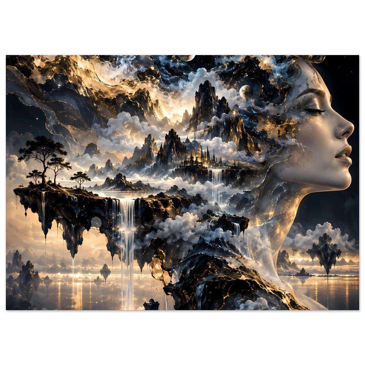 Surrealistisches Poster mit Profilgesicht aus Himmel und Gestein, Sternen und Spiegelungen