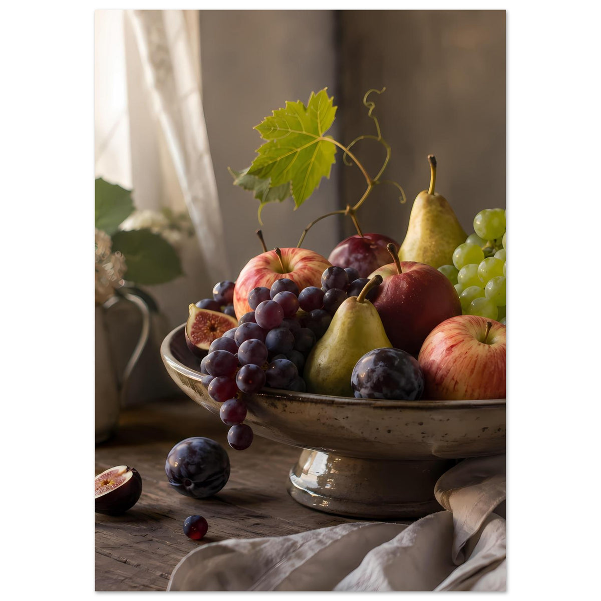 Obst-Poster im Hochformat: Schale mit Trauben, Äpfeln und Birne, grünes Blatt