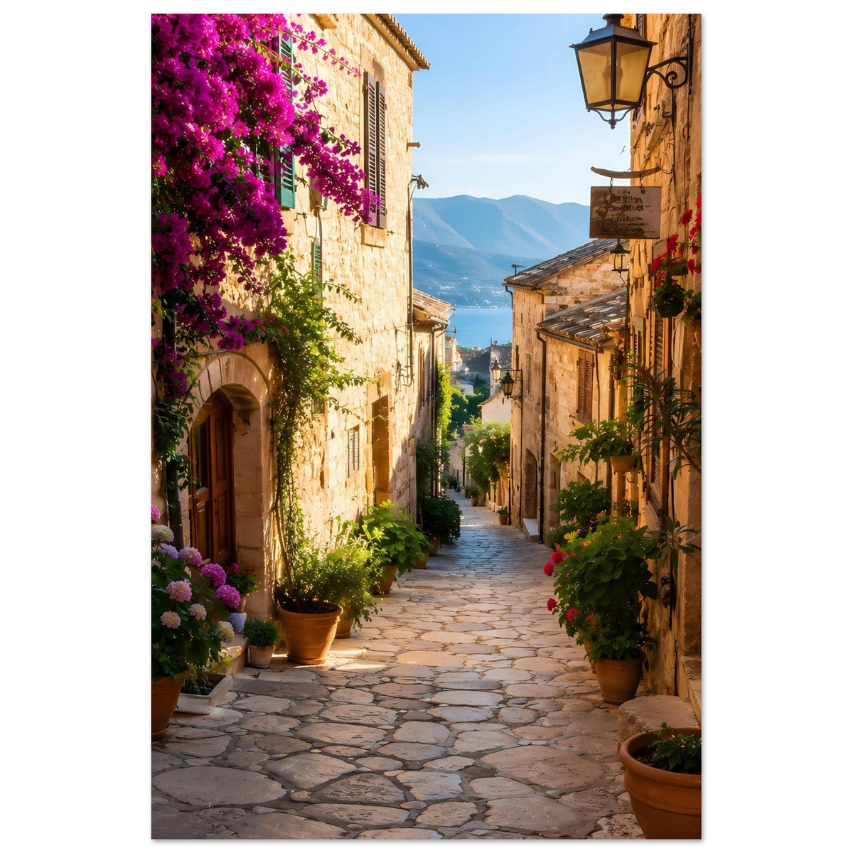 Poster mit mediterraner Gasse, Bougainvillea und Pflasterweg zwischen Steinhäusern