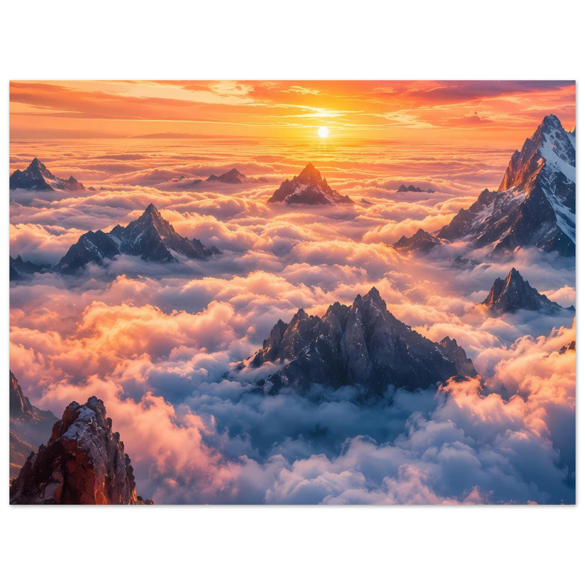 Poster im Querformat mit Sonnenaufgang über Bergspitzen und Wolkenmeer, goldene Sonne