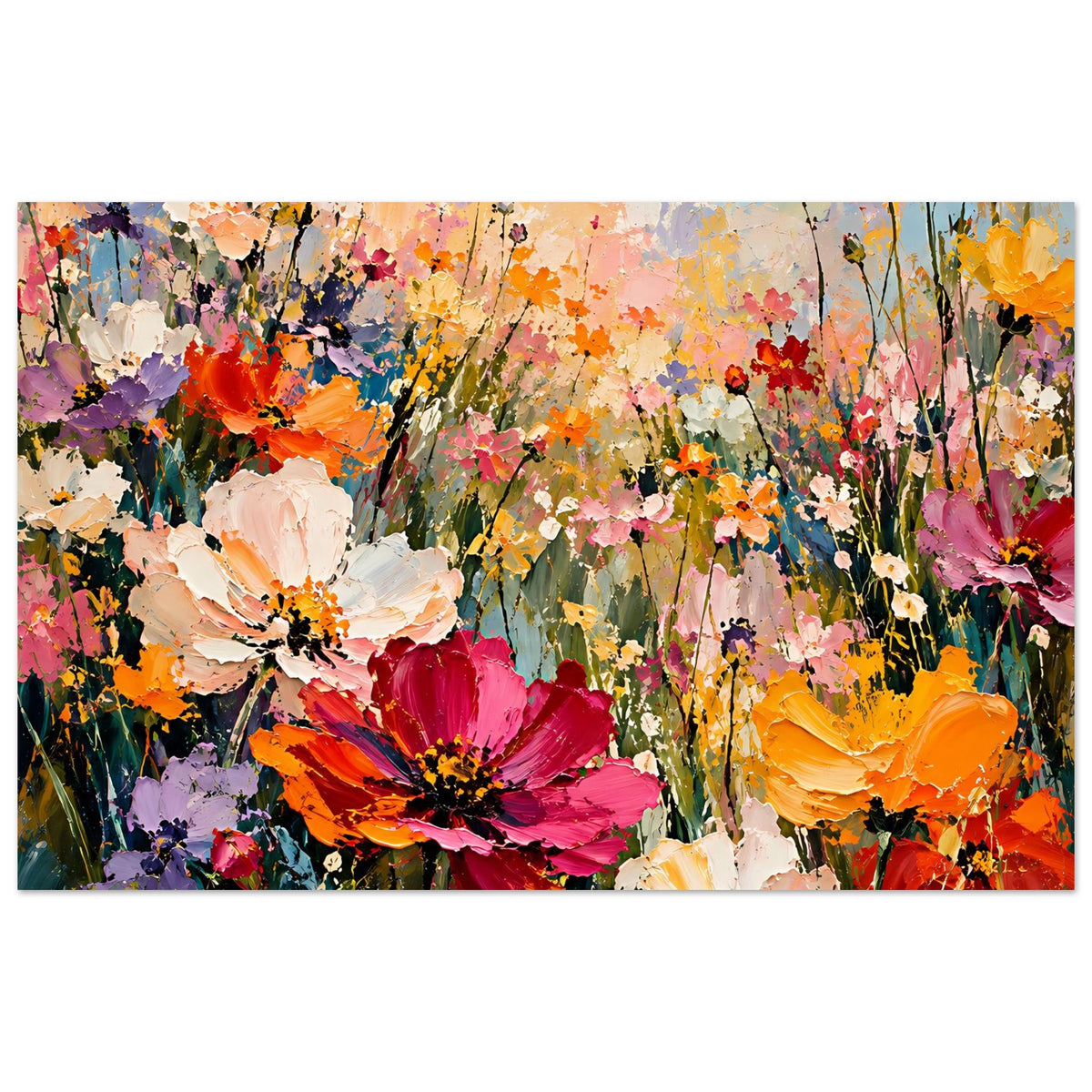Blumenposter mit bunten Blüten, kräftigen Rosa-, Orange- und Gelbtönen, abstraktes Motiv