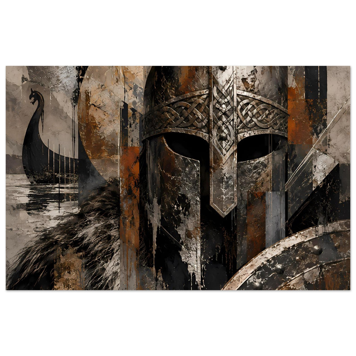 Querformat-Kunstposter mit Wikinger-Helm, Erdtönen, Flechtornament und Schildbogen unten rechts