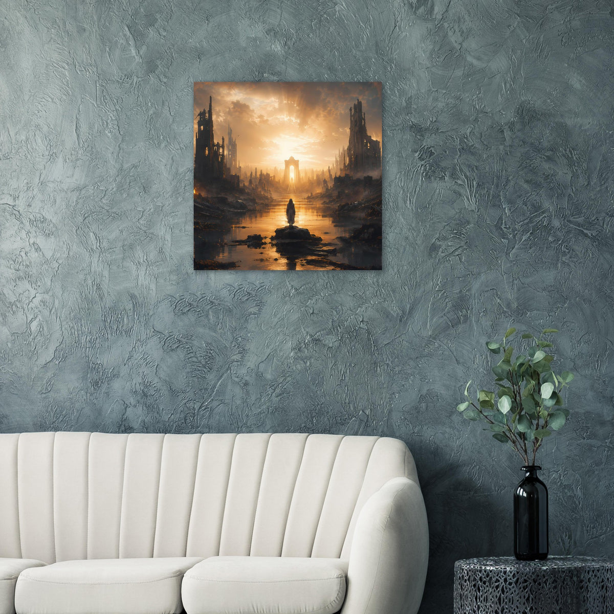 Poster mit Sonnenaufgang in Ruinenstadt und Figur im Wasser vor dunkler Skyline