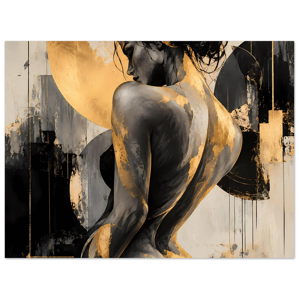 Abstraktes Poster mit Aktfigur in Schwarz und Gold, Querformat