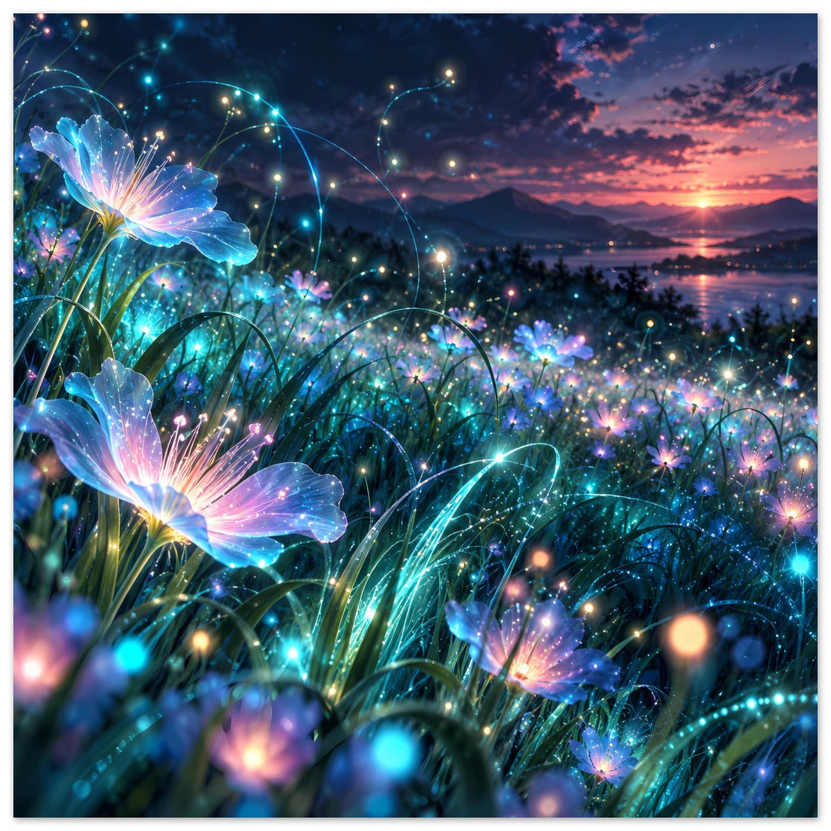 Horizontales Poster mit leuchtenden blauen Blumen, feinen Lichterketten und bunten Lichtpunkten