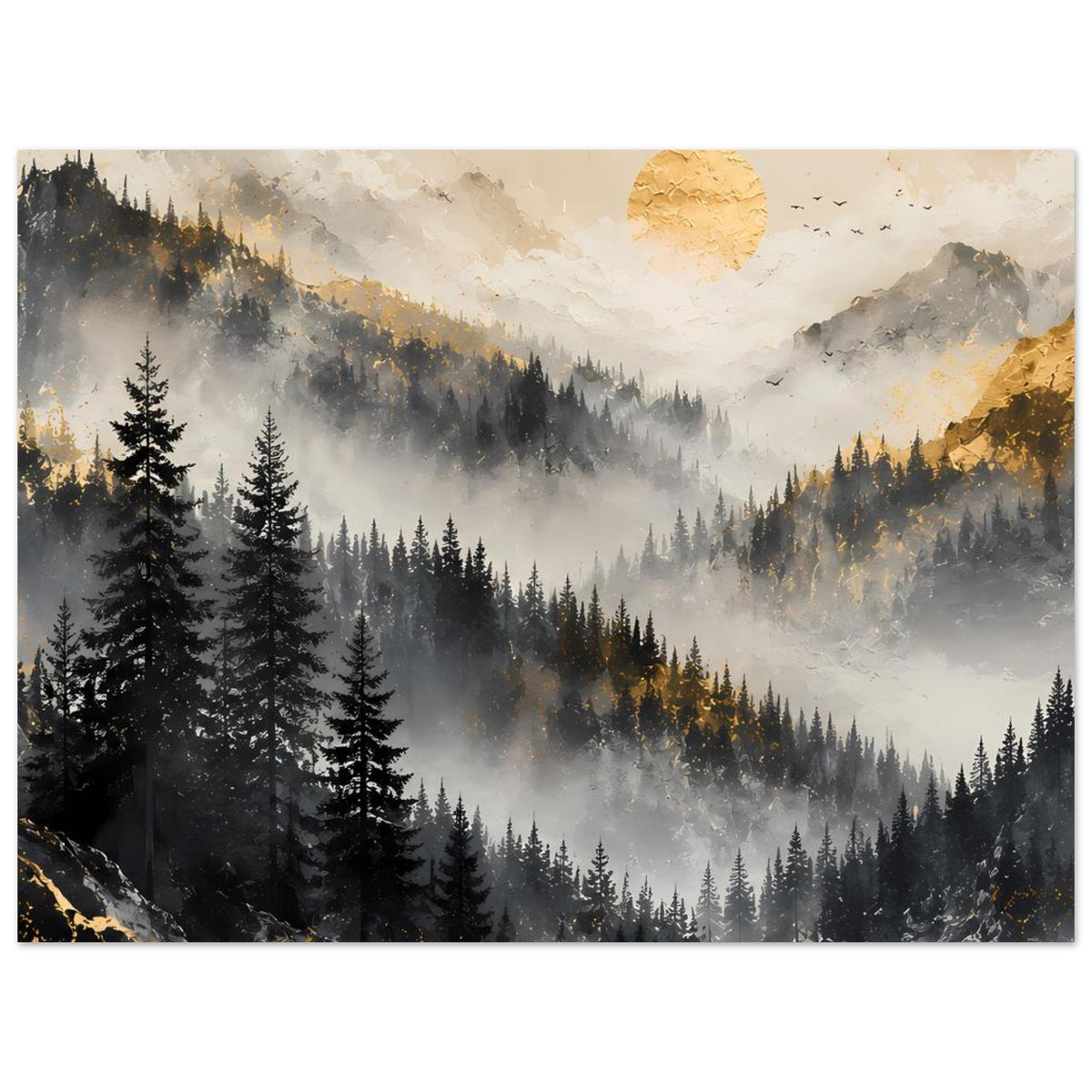 Poster mit Berglandschaft: neblige Täler, dunkle Fichten, goldene Sonne und warme Lichtakzente