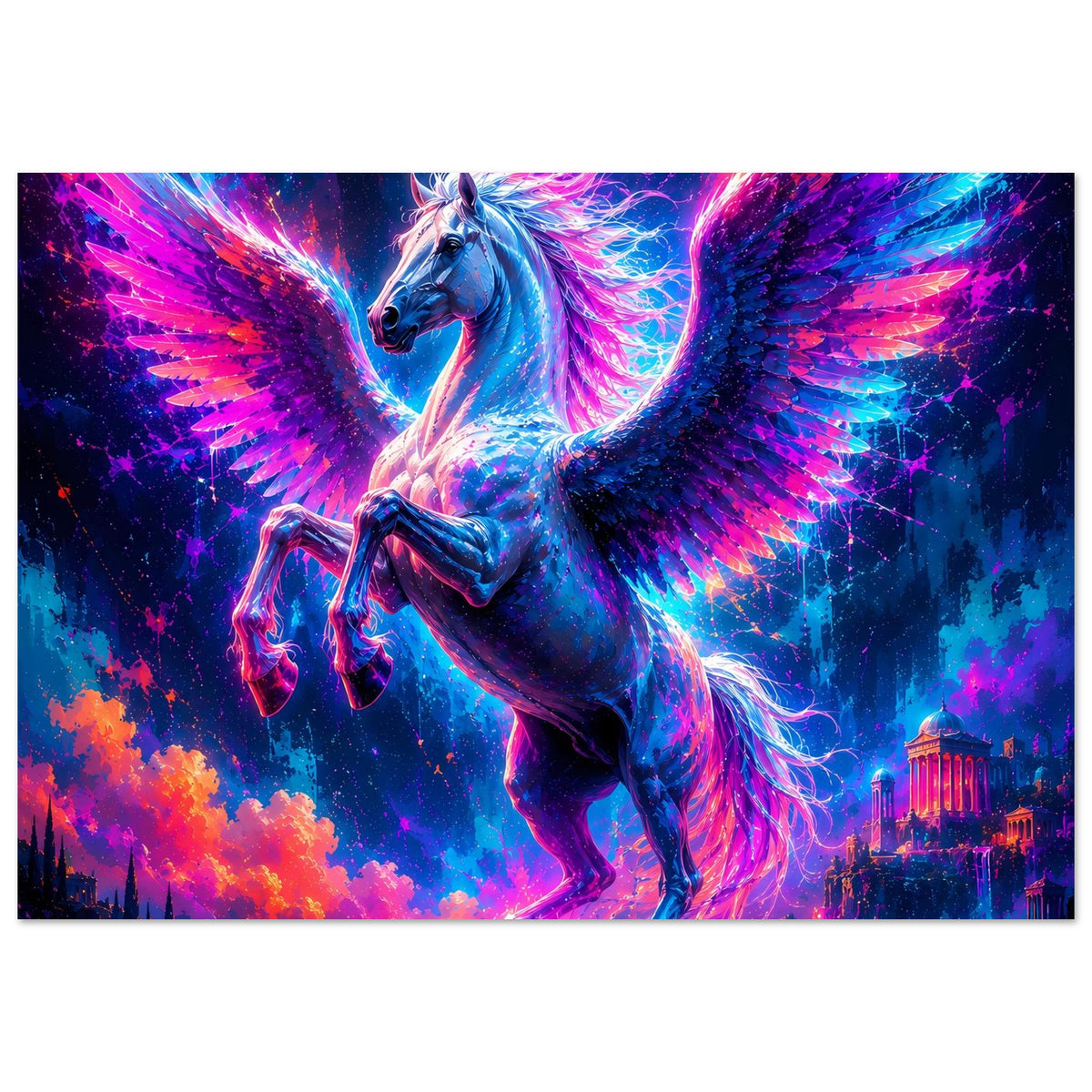 Leuchtendes Pegasus-Motivposter, Pegasus mit Flügeln und funkelnden Neonfarben