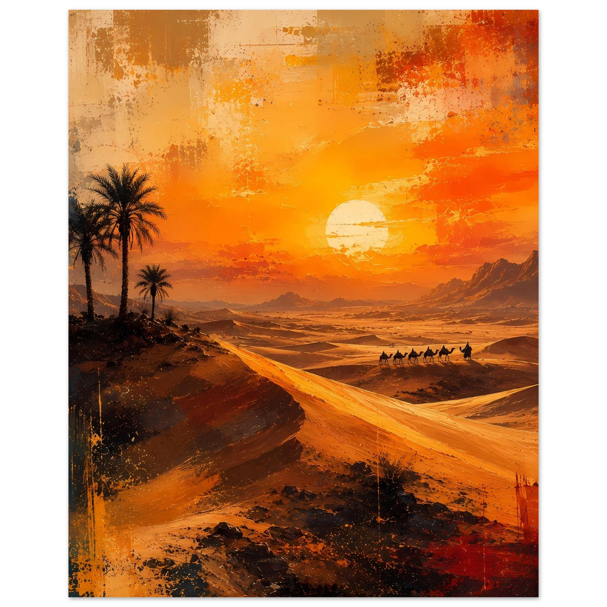 Poster im Hochformat mit Palmen links, goldenen Dünen, großer Sonne und Karawane