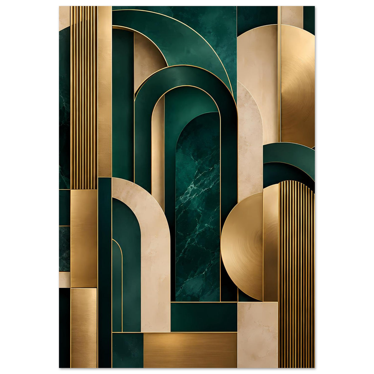 Art-Deco-Poster im Hochformat: goldene Bögen, dunkle Grüntöne und rechteckige Felder.