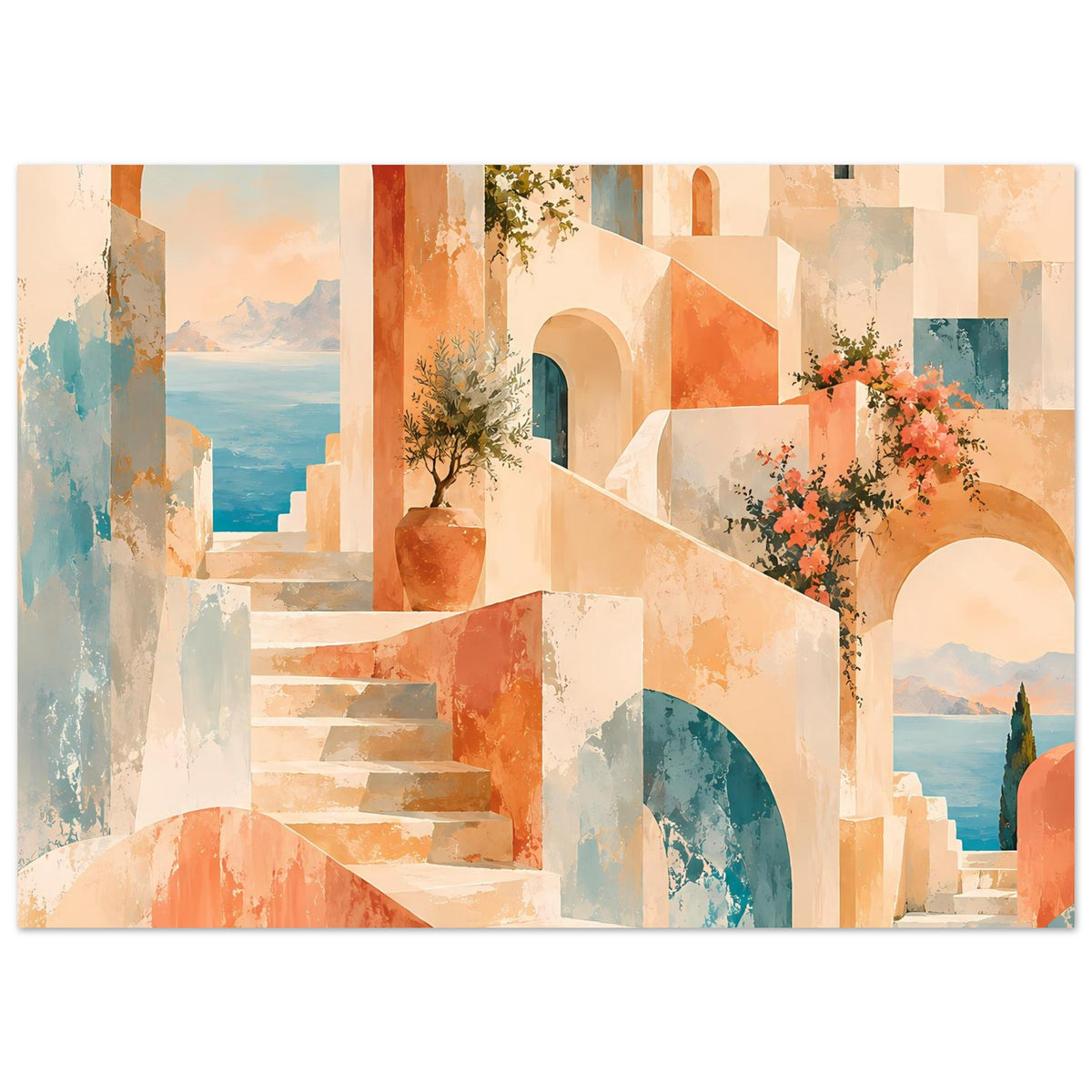 Wandposter mit mediterranem Architekturmotiv, Treppe, Bögen und Blumen im warmen Orange-Ton