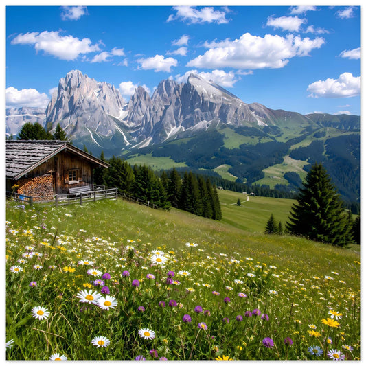 Alpenpanorama-Poster mit Berggipfeln, Wiesenblumen und Holzhütte im Vordergrund
