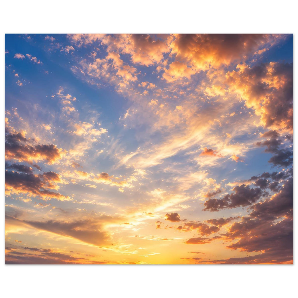 Querformatiges Poster: goldene Sonne am Horizont, orange-blaue Wolken, dunkler Rahmen.