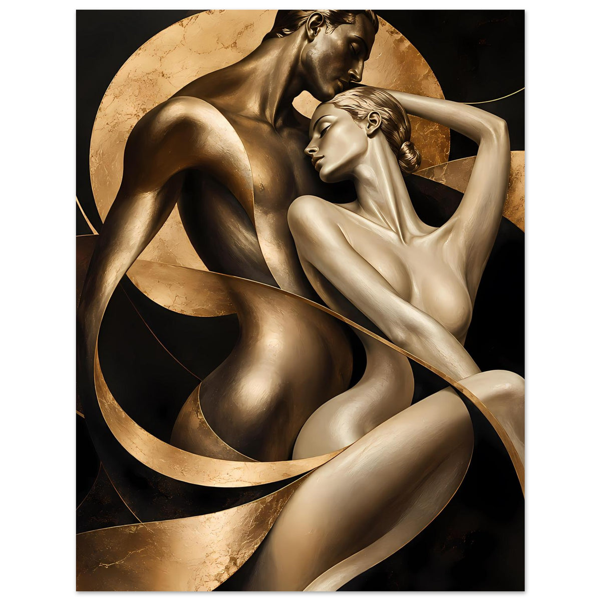 Kunstposter mit zwei goldfarbenen Skulpturen, Armhaltung und kreisförmigen Linien