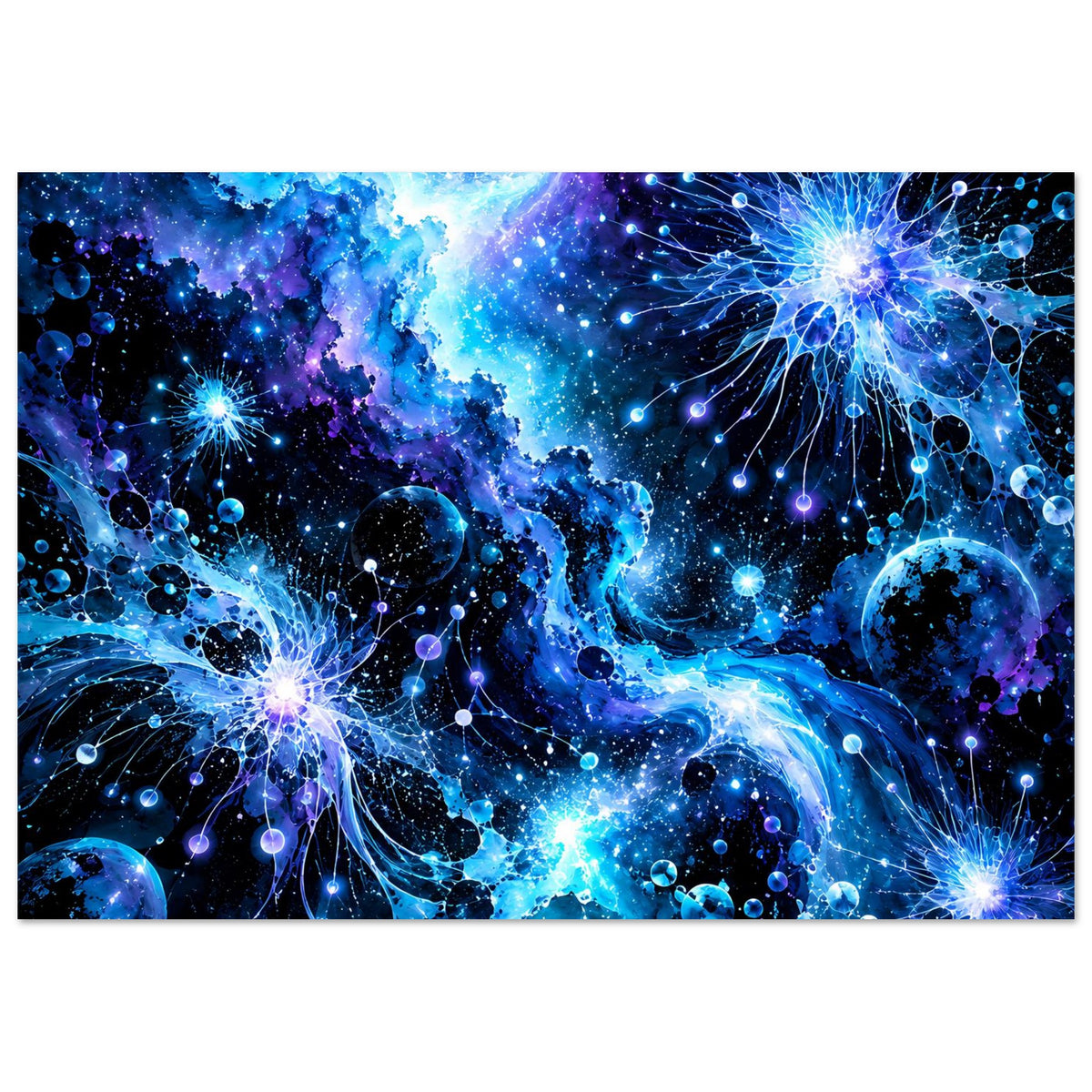 Leuchtendes galaktisches Poster (Querformat): blauer Galaxiennebel mit leuchtenden Sternenpunkten
