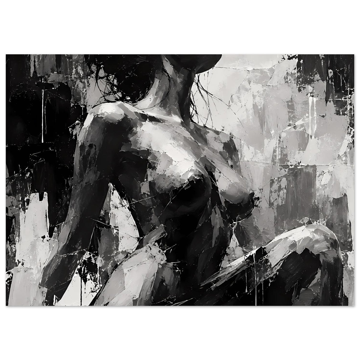 Kunstposter mit Frauenakt-Porträt in Schwarz-Weiß, dynamische Pinselflächen, Seitenansicht
