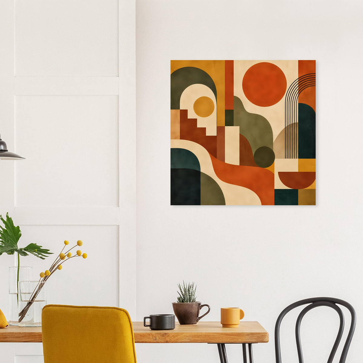 Quadratischer Kunstprint mit warmen geometrischen Flächen und Kreisen, schwarzer Rahmen.