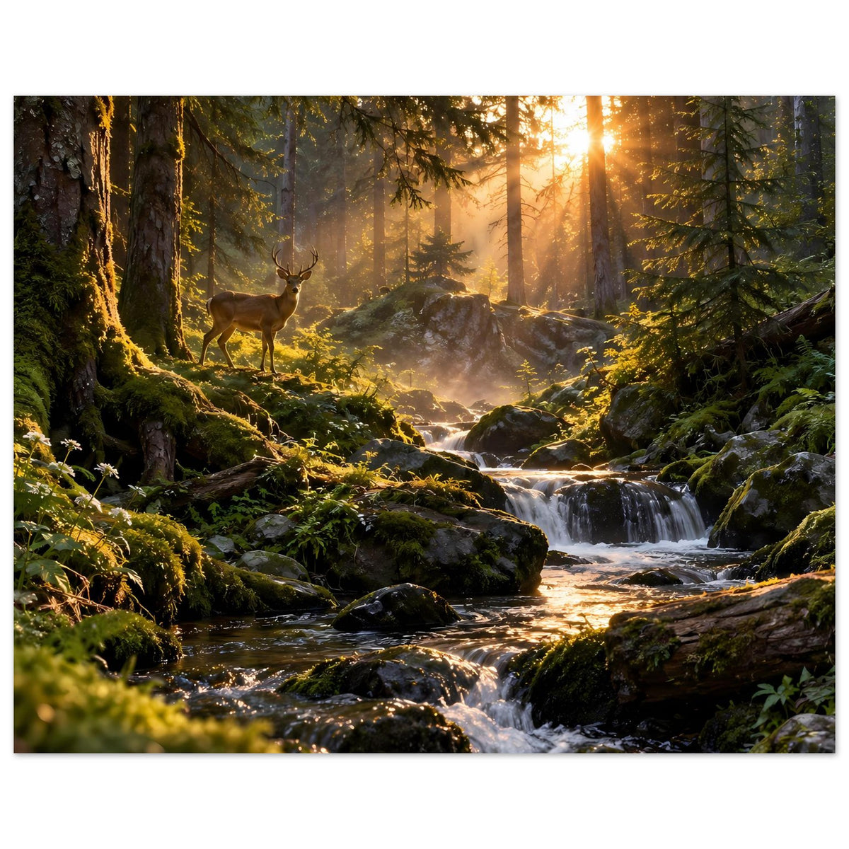 Wandposter mit Hirsch im Wald, Bach mit Stromschnellen und goldenen Sonnenstrahlen