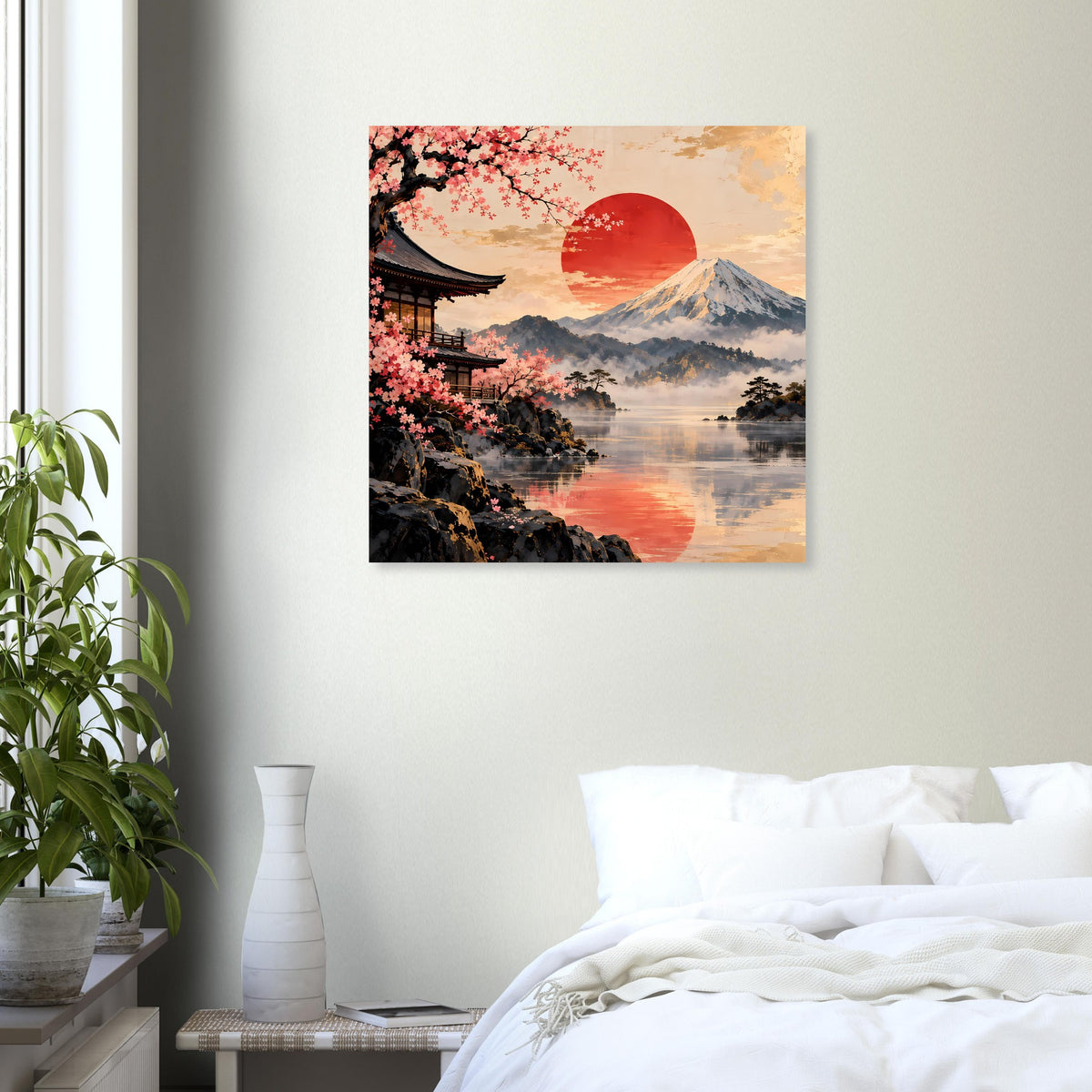 Poster mit japanischer Szenerie: Kirschblüten, roter Mond, Berge und spiegelnder See