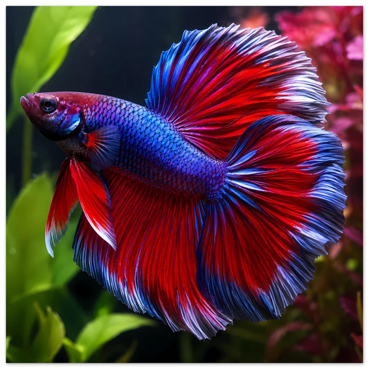 Poster mit farbenfrohem Betta-Fisch: blaue und rote Flossen, seitlich ausgerichtet.