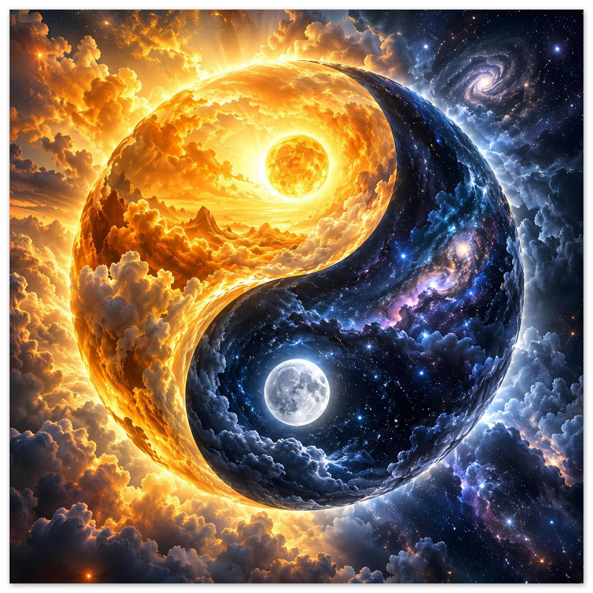 Yin-Yang-Kosmos-Kunstposter: goldene Sonne und blauer Mond auf zwei ineinander verschlungenen Kugeln