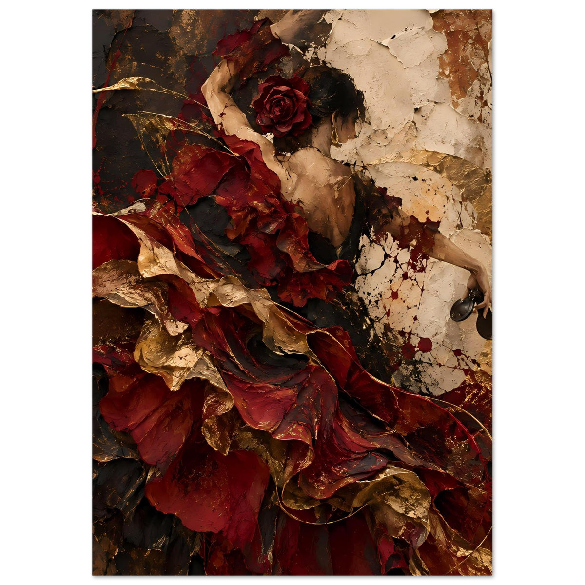 Wandkunst-Poster: abstrakte Flamenco-Tänzerin im Profil, rotes Kleid, gold-braunes Relief