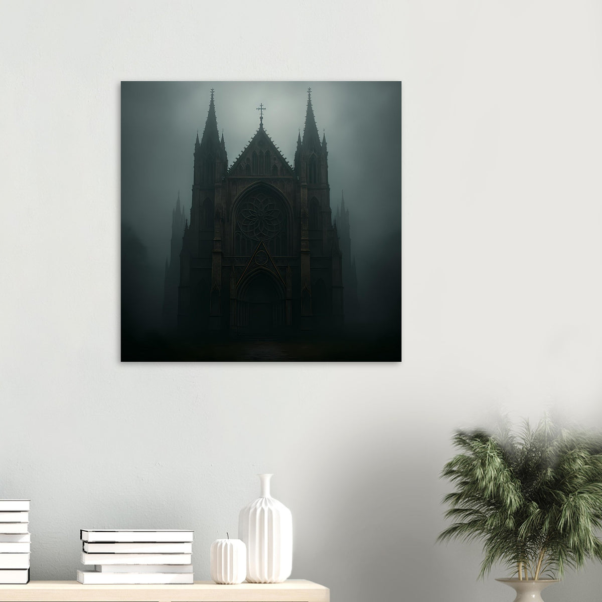 Quadratisches Poster mit gotischer Kathedrale im Nebel, dunkle Farben, schwarzer Rahmen