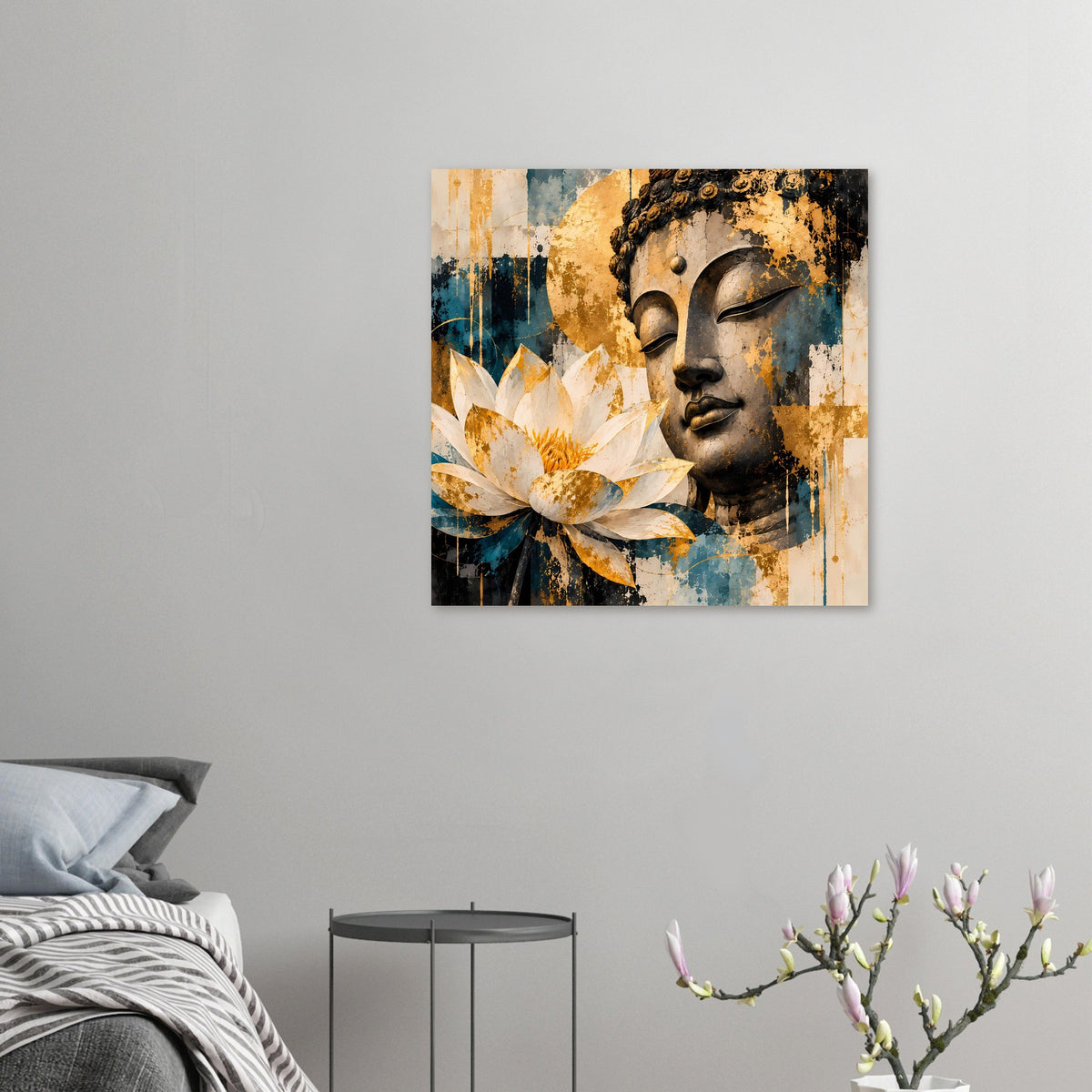 Kleines Poster mit Buddha-Profil und Lotusblüte in Weiß und Gold auf Teal-Flächen