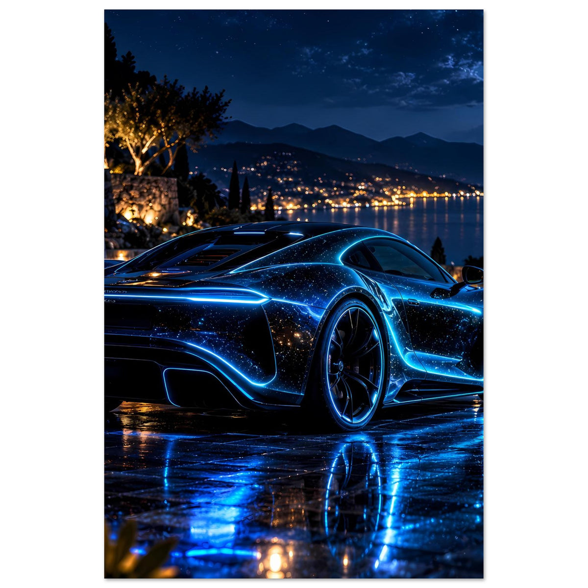 Hochformat-Poster mit blau leuchtendem Sportwagen, Blick auf See und Stadt im Hintergrund