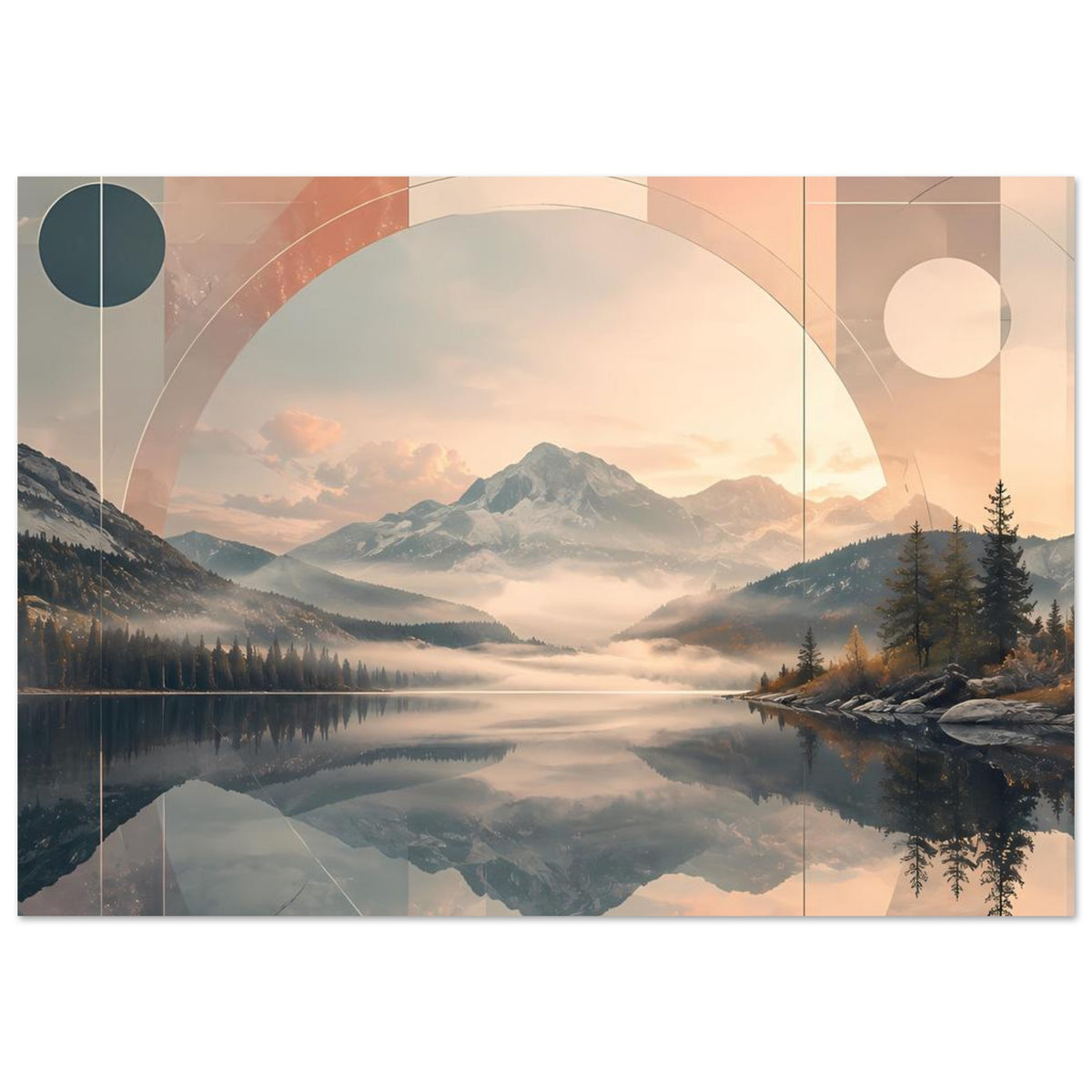 Horizontales Poster mit Berg- und Seemotiv, geometrische Kreiselemente und Linien in warmen Tönen