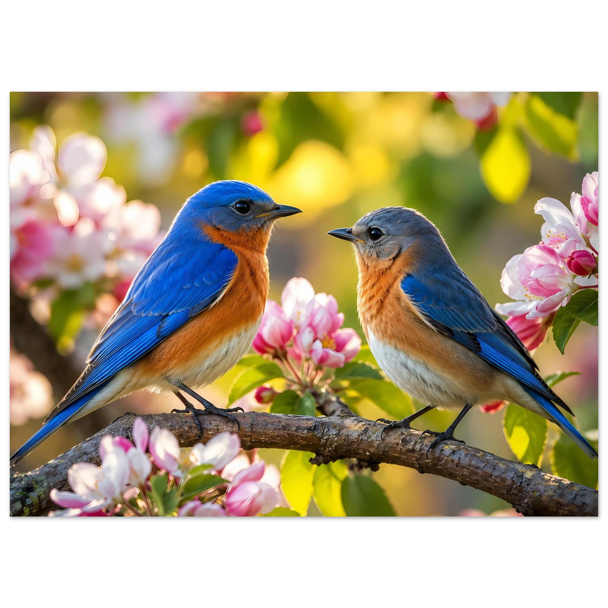 Poster im Querformat: zwei Blaumeisen auf Ast, umgeben von rosa Blüten