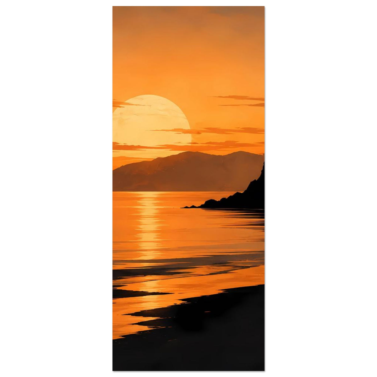Vertikales Küstenposter mit Sonnenuntergang am Meer und Lichtkreis über dem Horizont, ohne Leuchtturm