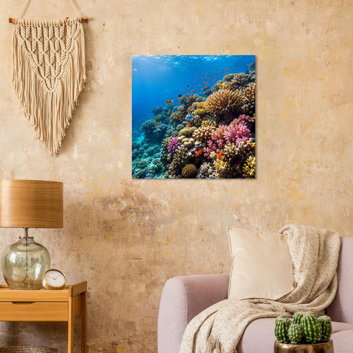 Korallenriff-Poster mit farbenfrohem Riff und einzelnen tropischen Fischen