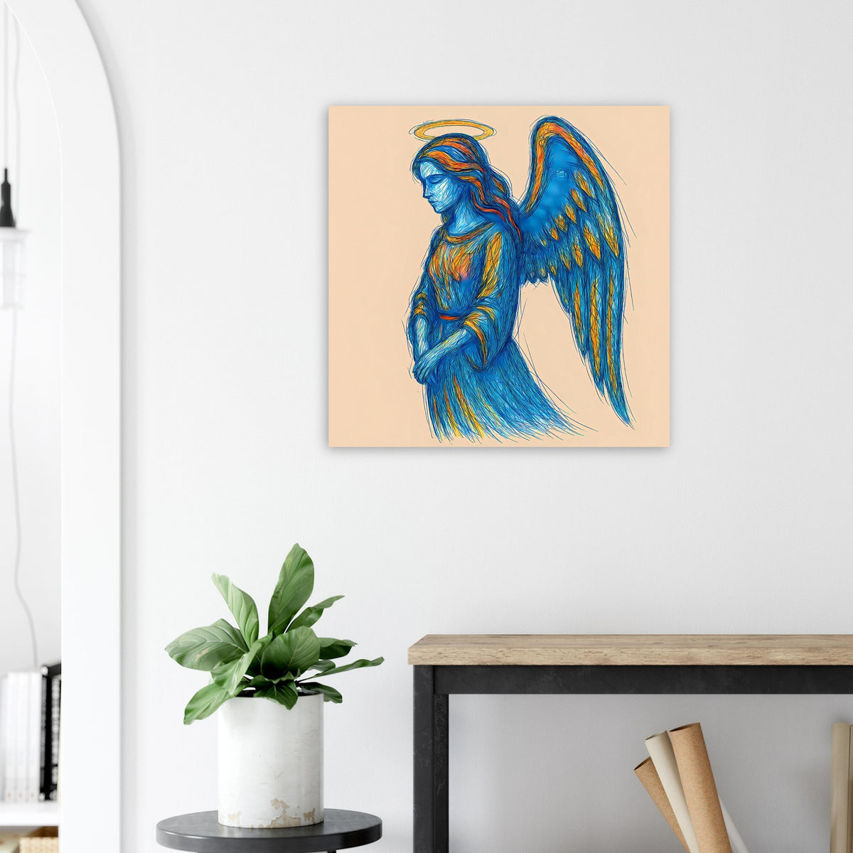Poster mit blauem Engel mit goldenem Heiligenschein und geflügelter Silhouette