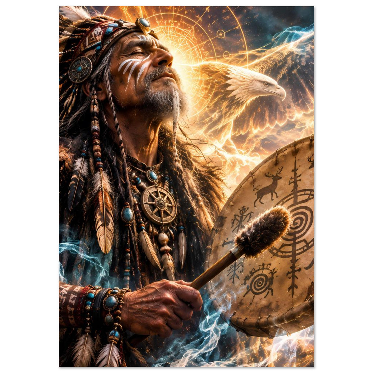 Fantasy-Poster: Schamane mit Trommel, Federkopfschmuck und goldener Adlerfigur im Hintergrund