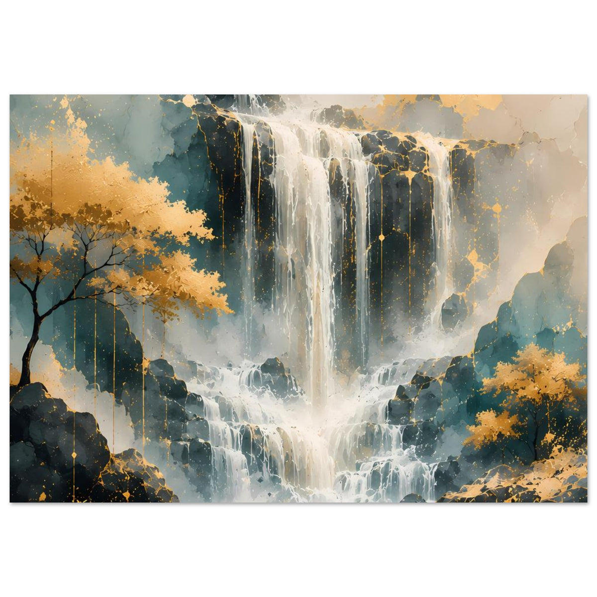 Kunstdruck-Poster mit Wasserfall-Motiv in Blau und warmem Gold, breiter Zuschnitt