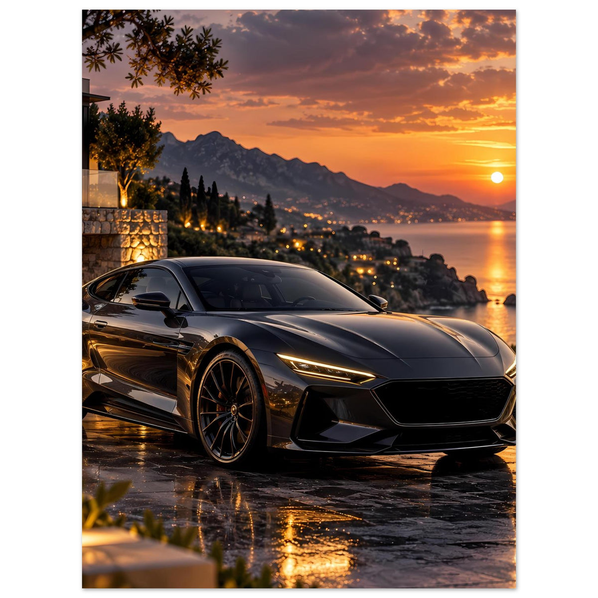 Sonnenuntergangs-Poster mit Sportwagen, dunkler Lackierung und Sonne am Horizont
