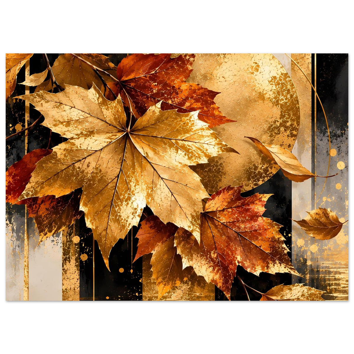 Gerahmtes Poster mit goldenen Ahornblättern, Herbstfarben und abstraktem Sonnenkreis